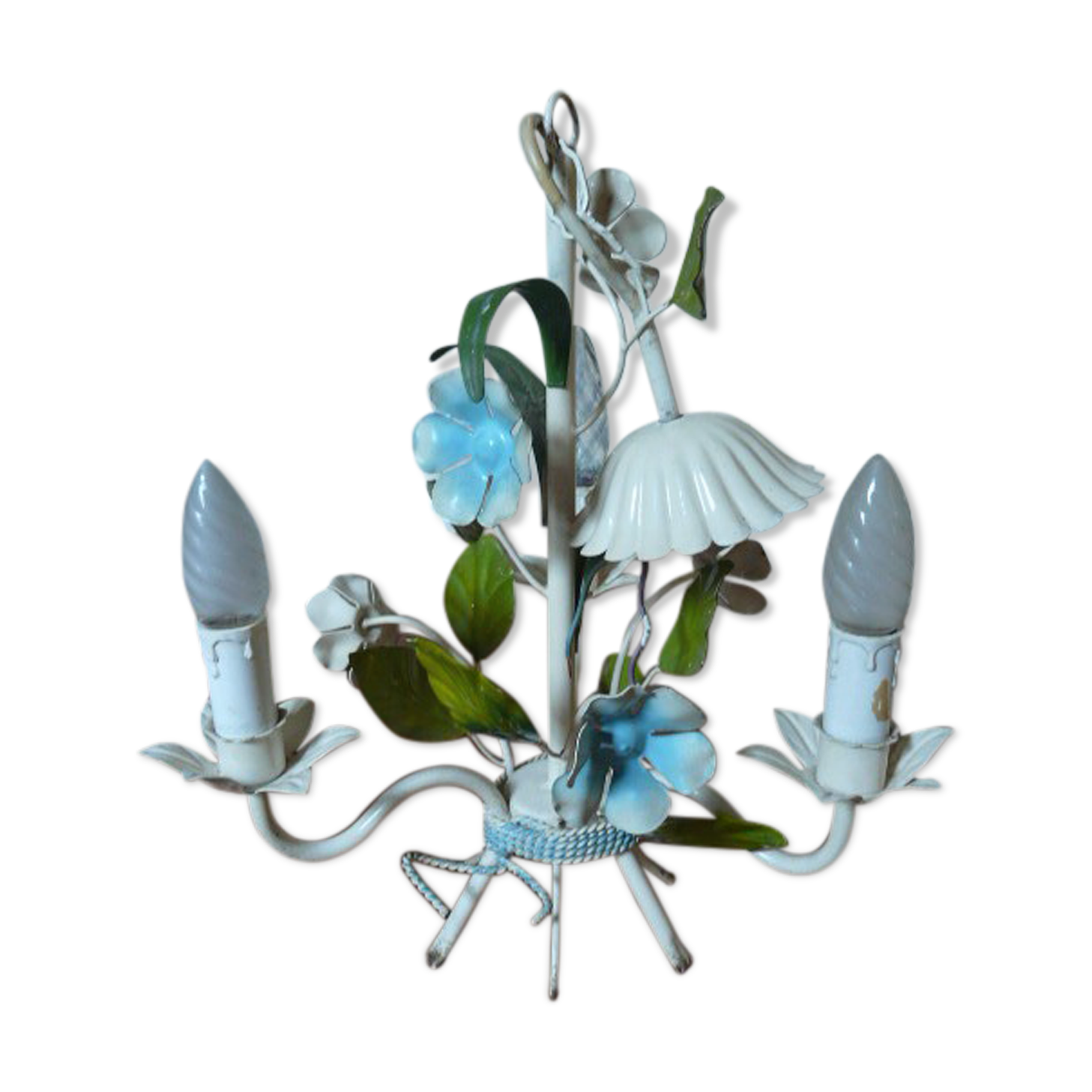 Lustre métal bouquet de fleurs bleues années 70