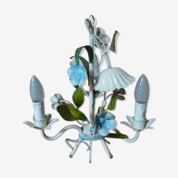 Lustre métal bouquet de fleurs bleues années 70