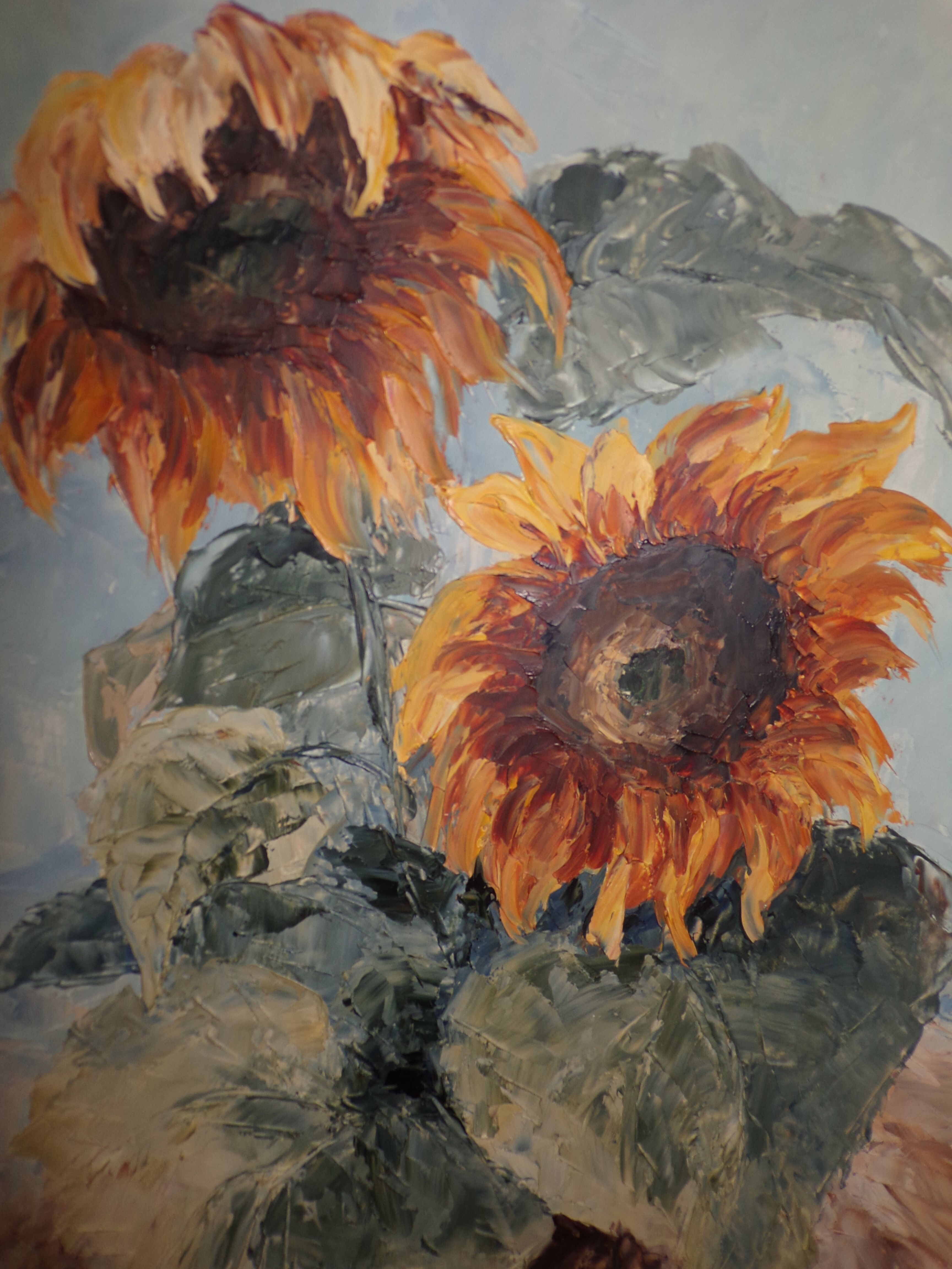 Still life sunflower painting on panel