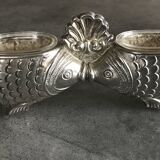 Salt and pepper shaker holder with a pair of fish in metal, Italian design