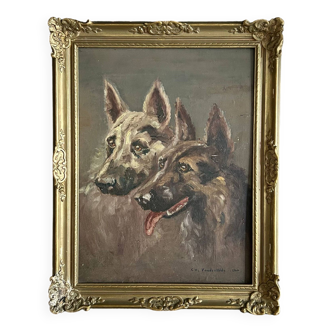 1940s French oil painting Two German Shepherd Dogs rare antique pet portraiture