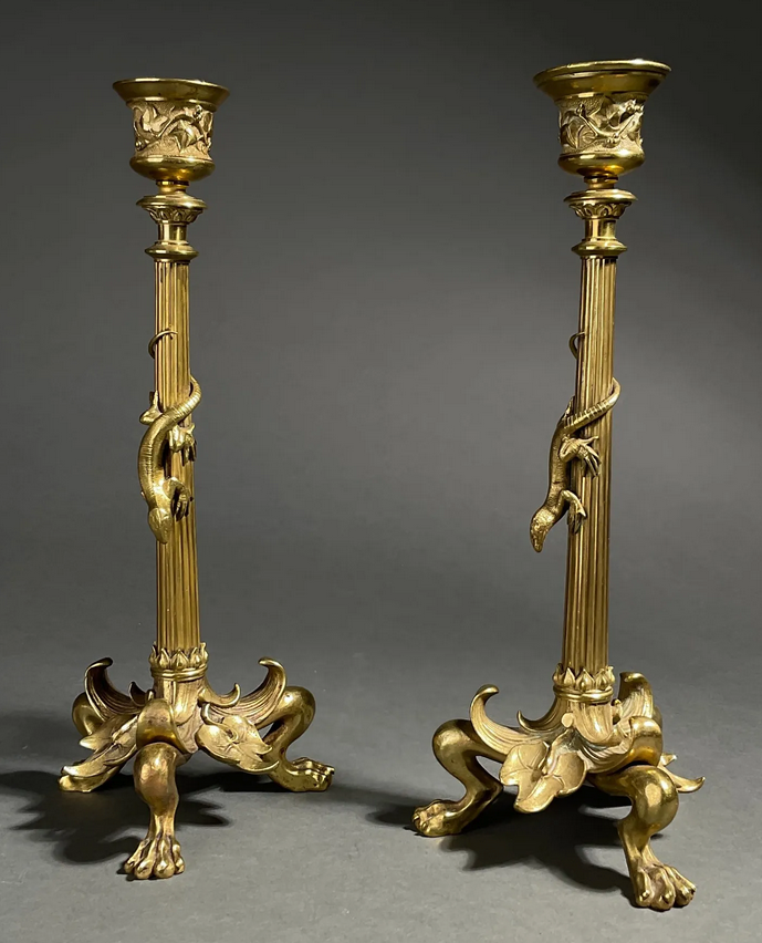 Pair of gilded bronze candlesticks decorated with lizards