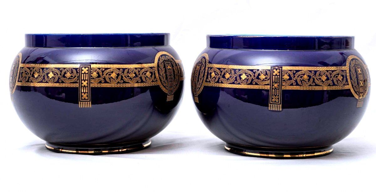 Pair of pot covers - signed and numbered sarreguemines - dark cobalt blue - xixth