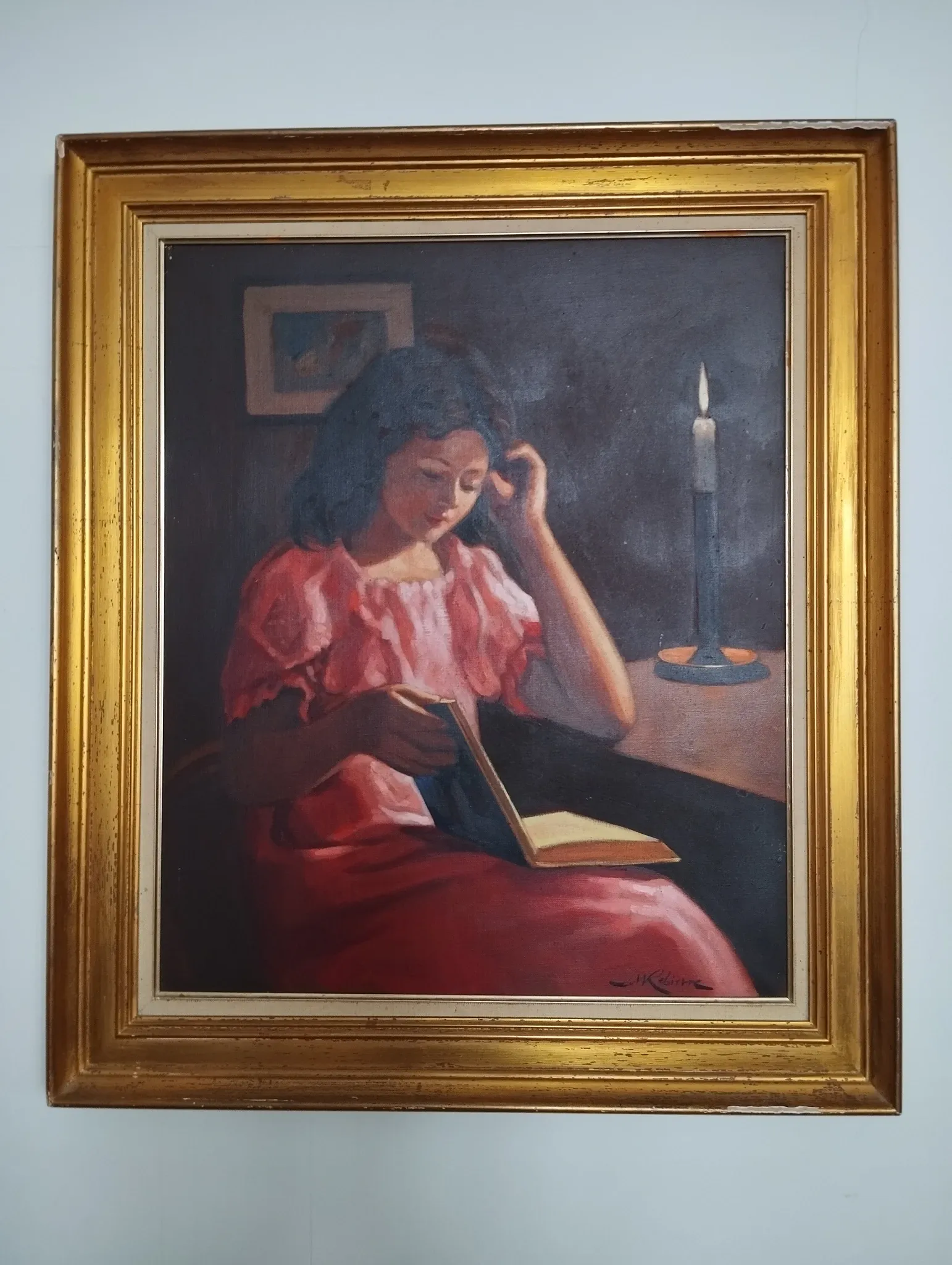 Marc REBIERRE "The Reader in the Red Dress" oil on canvas signed and framed