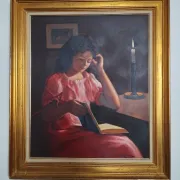Marc REBIERRE "The Reader in the Red Dress" oil on canvas signed and framed