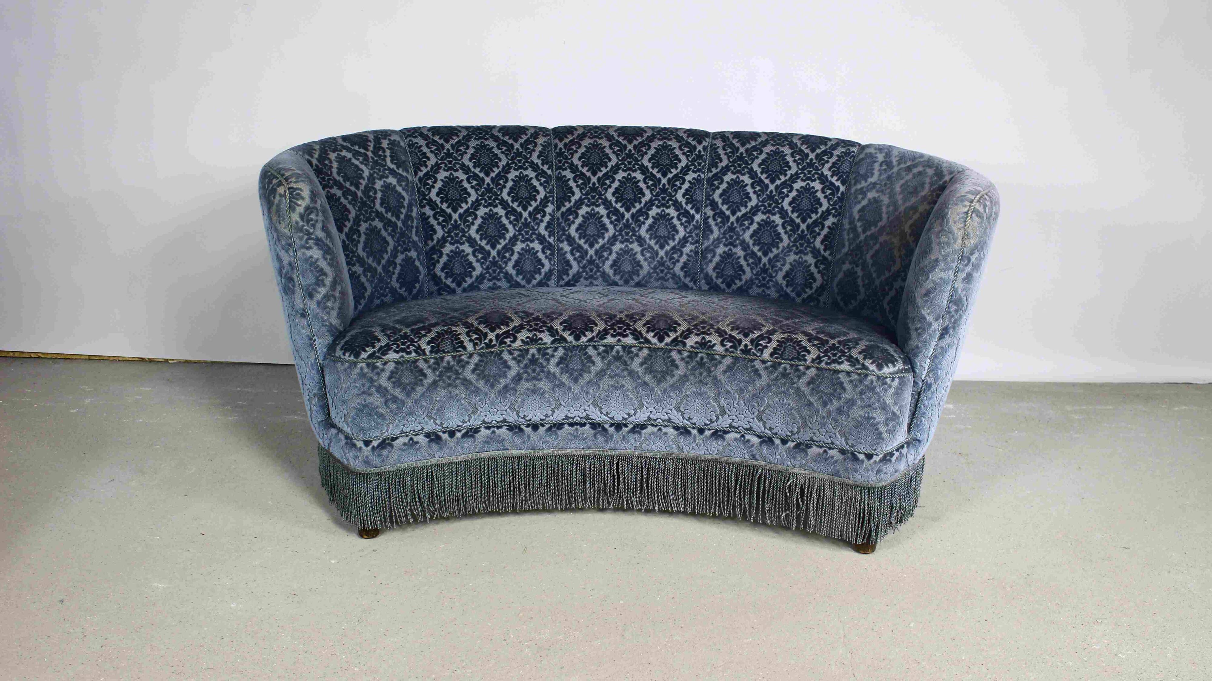 Art deco blue velvet banana sofa, denmark 1950s