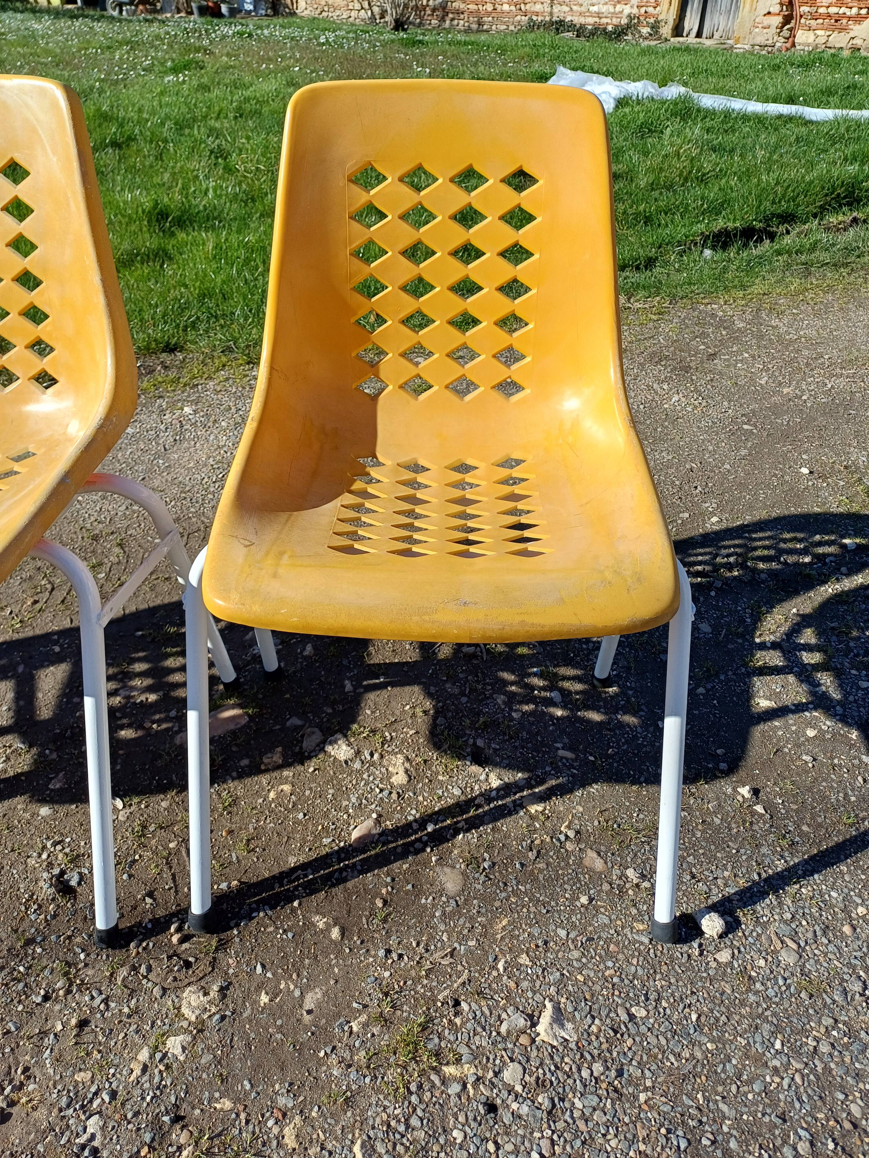 6 vintage iron and orange plastic garden chairs