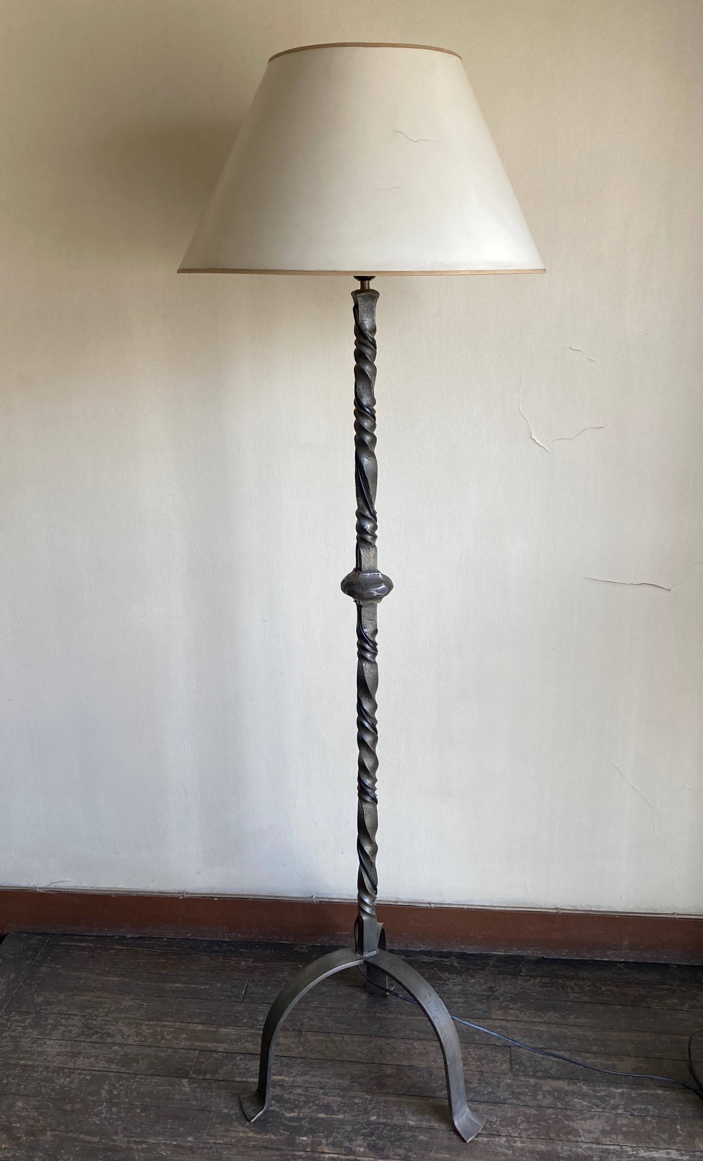 Floor lamp in beaten iron and bronze Artisans de Marolles 1960
