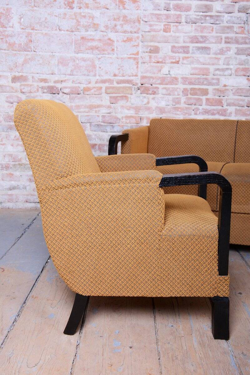Czech Art Deco Sofas and Lounge Chairs in Beech and Oak attributed to Jindrich Halabala for Up Závody, 1930s, Set of 3