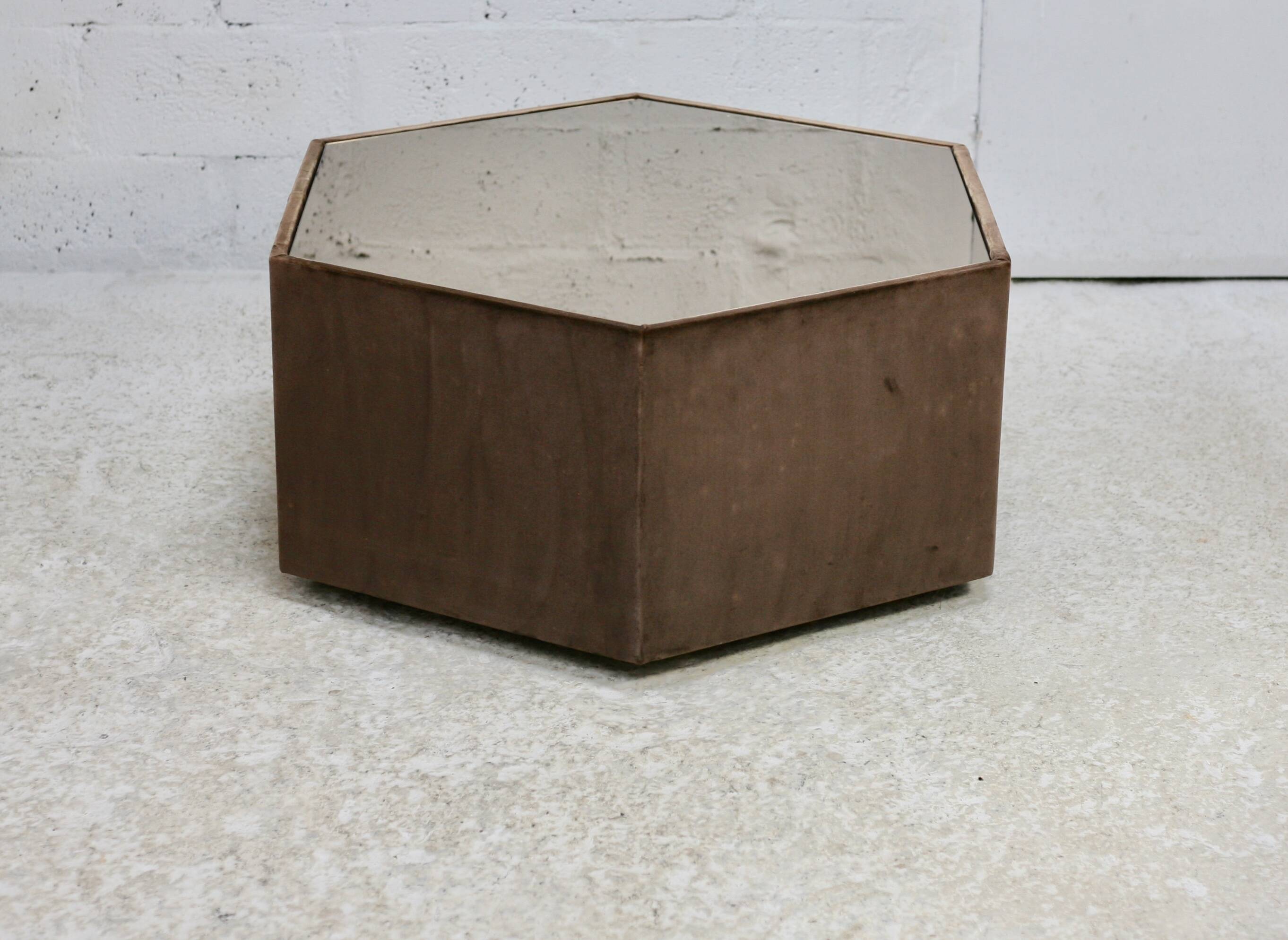 Space age table, hexagonal. Wood, velvet and smoked mirror. Circa 1970