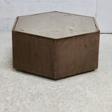 Space age table, hexagonal. Wood, velvet and smoked mirror. Circa 1970