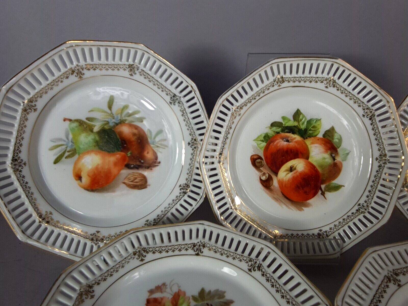 Set of 10 dessert plates & dish, openwork marli & fruits vintage 50s