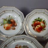 Set of 10 dessert plates & dish, openwork marli & fruits vintage 50s