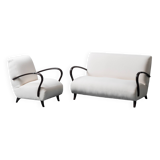 Set divano e poltrona in tessuto bianco legno anni ’70 modernariato