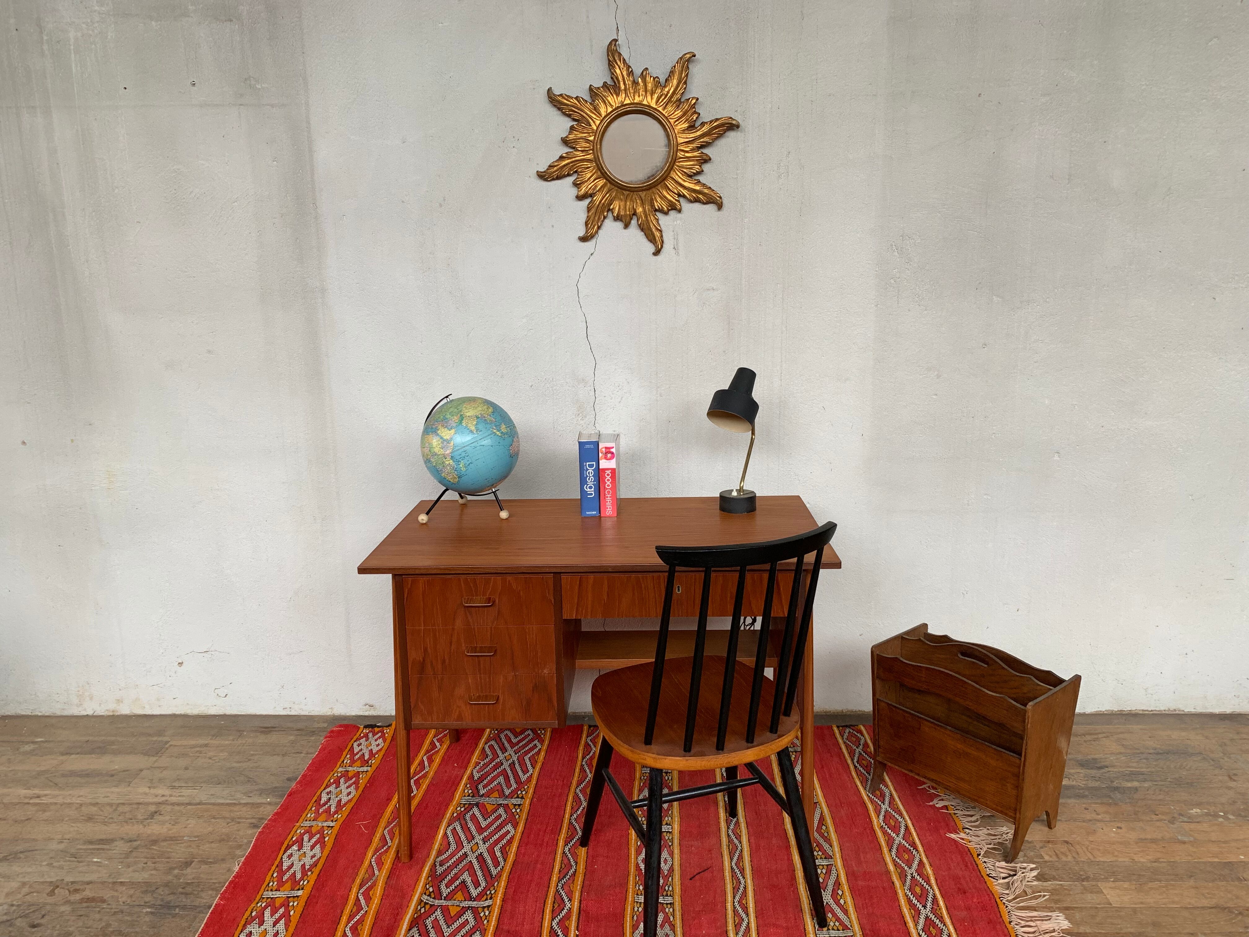 Bureau scandinave teck 1950 1960 vintage rétro ancien - pieds compas - 3 tiroirs - LEGRAND D