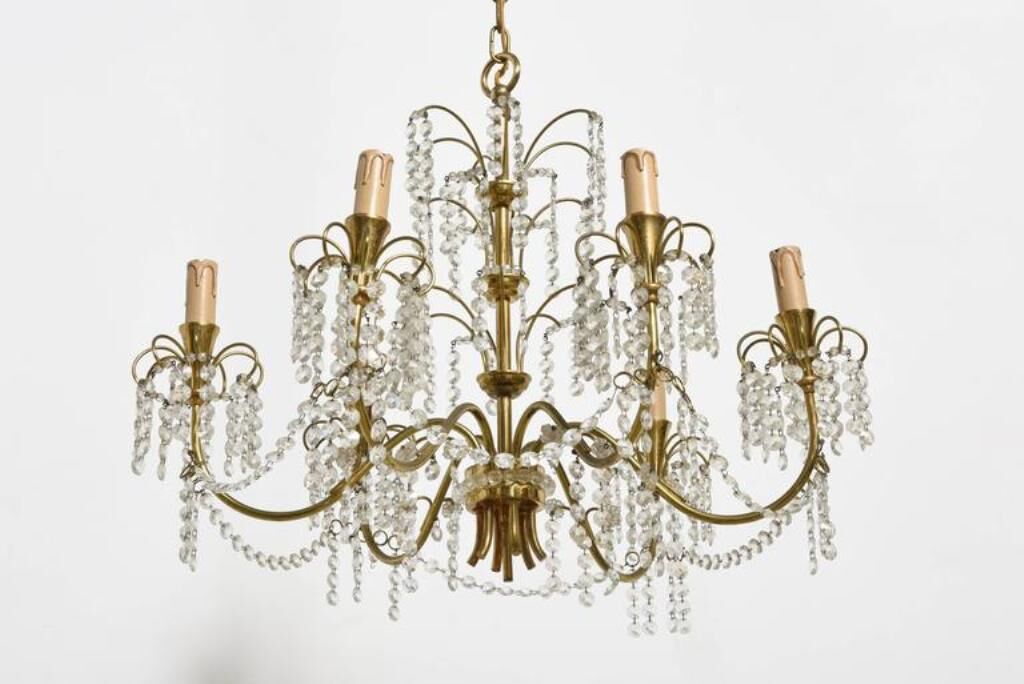Candlestick Waterfall mid century brass and Crystal 1950 s