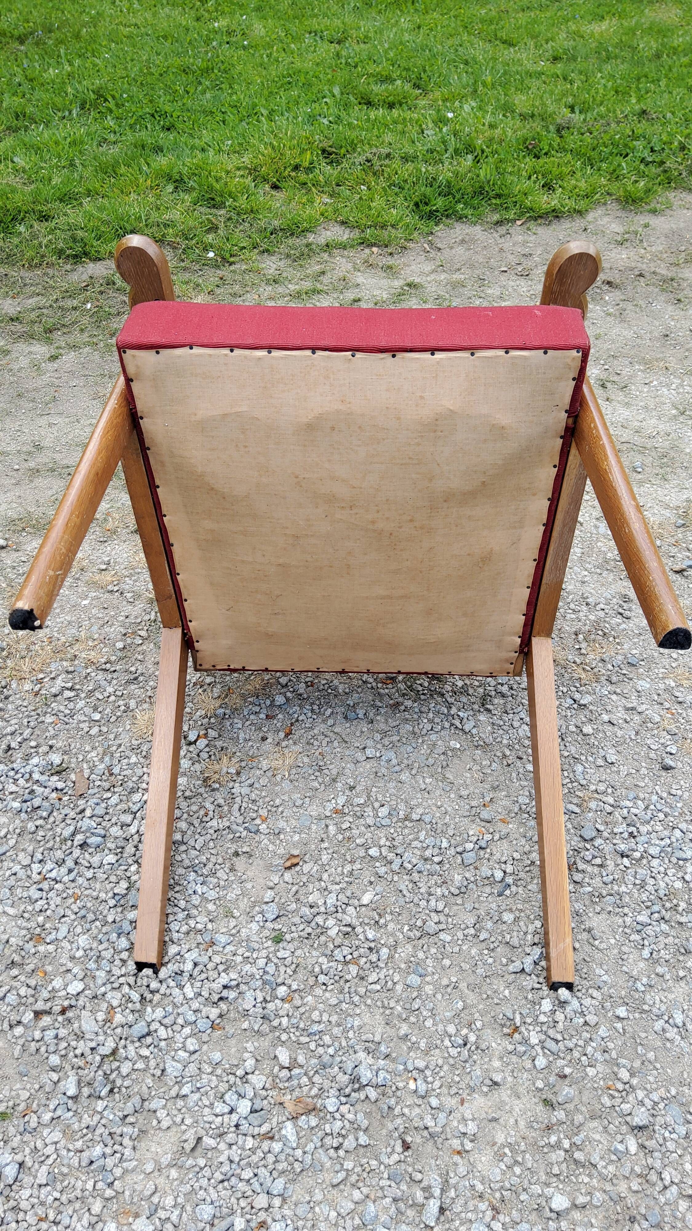 Armchair of the 50s in blond oak and red fabrics compass feet