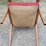 Armchair of the 50s in blond oak and red fabrics compass feet