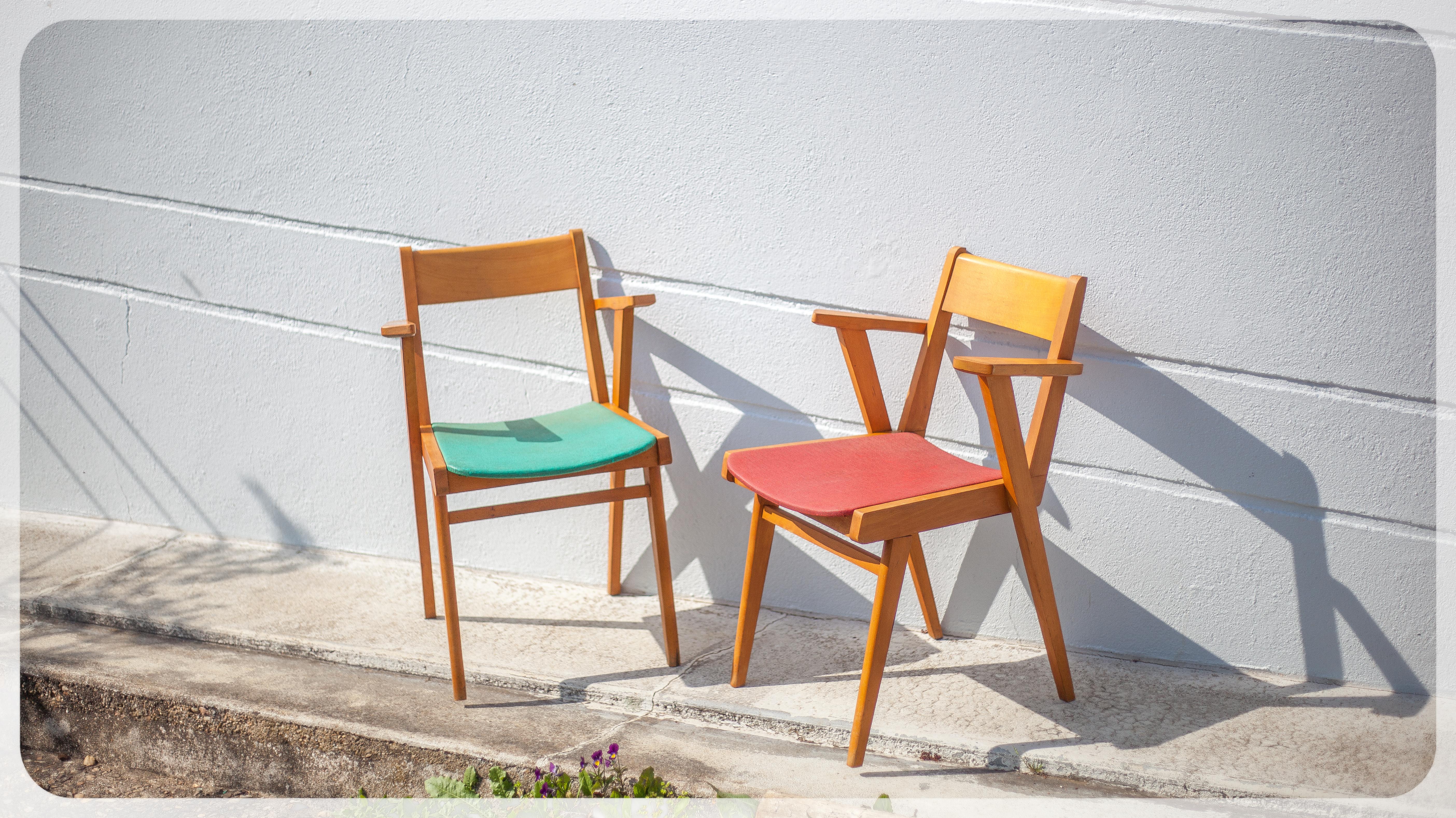 Pair of wooden and skai chairs from the 50s, vintage chairs, chair with armrests, retro