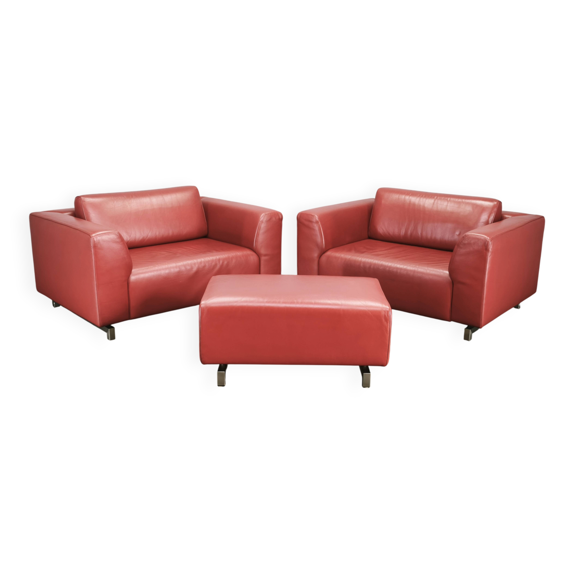 Wittmann Oversized Red Leather Lounge Armchairs and Ottoman, Austria