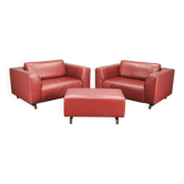 Wittmann Oversized Red Leather Lounge Armchairs and Ottoman, Austria