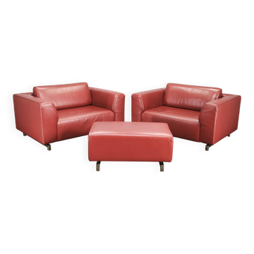 Wittmann Oversized Red Leather Lounge Armchairs and Ottoman, Austria