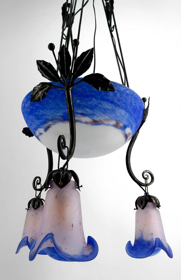 Lustre en Fer Forgé et Pâte de Verre Bleu, Art Deco, France