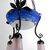 Wrought Iron and Blue Glass Paste Chandelier, Art Deco, France