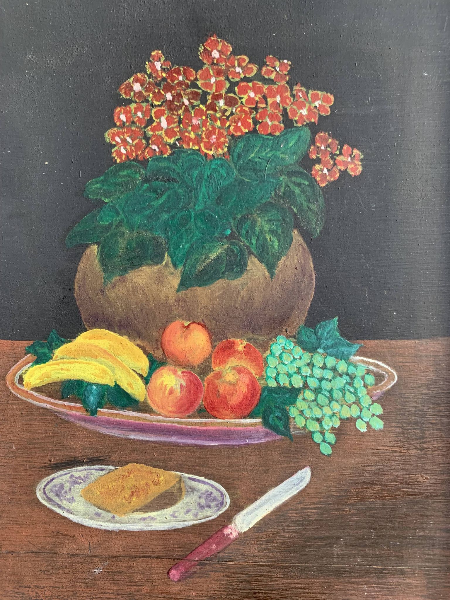 Small naive painting, still life from the 1950s