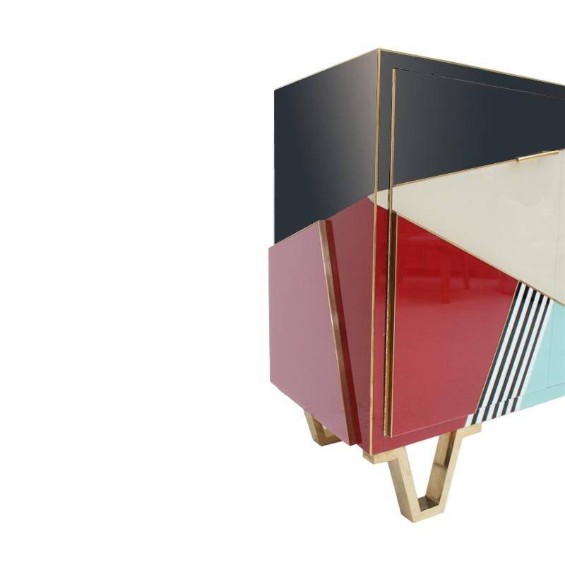 Mid Modern Italian Colored Glass Sideboards with Solid Wood Structure and Brass