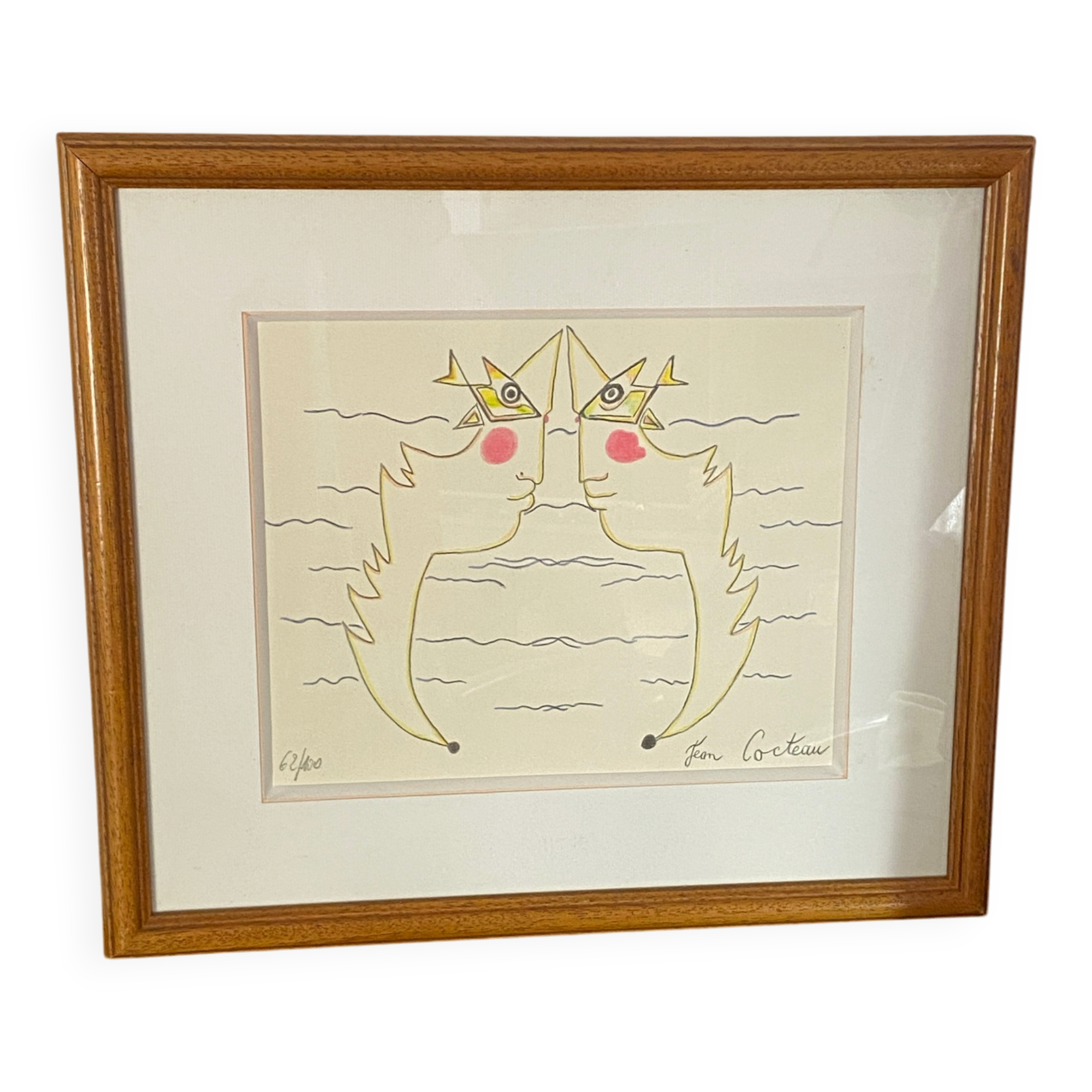 Lithograph, double profiles, Jean Cocteau