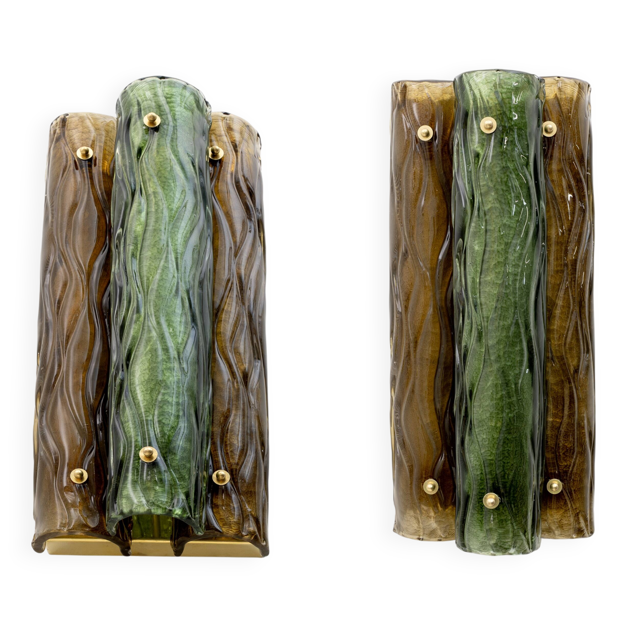 Pair of Modern Amber and Green Murano Glass and Brass Sconces