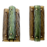Pair of Modern Amber and Green Murano Glass and Brass Sconces
