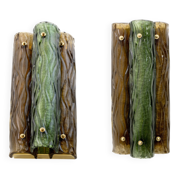 Paire d'appliques modernes en verre de Murano et laiton ambré et vert