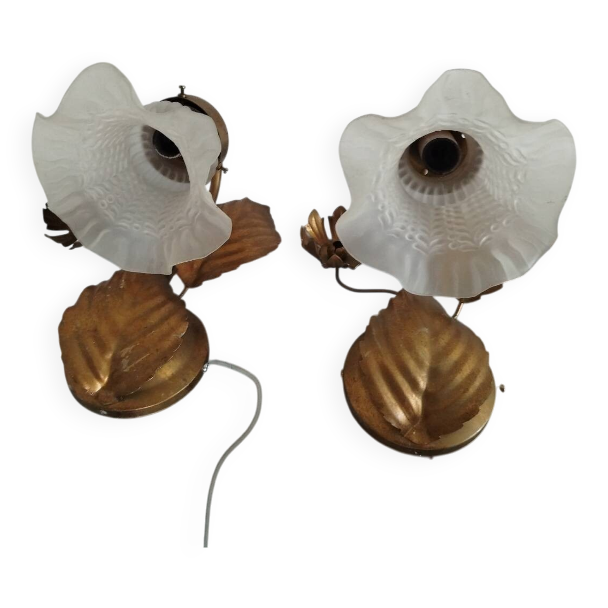 Pair of vintage flower & leaf style wall sconces - molded glass