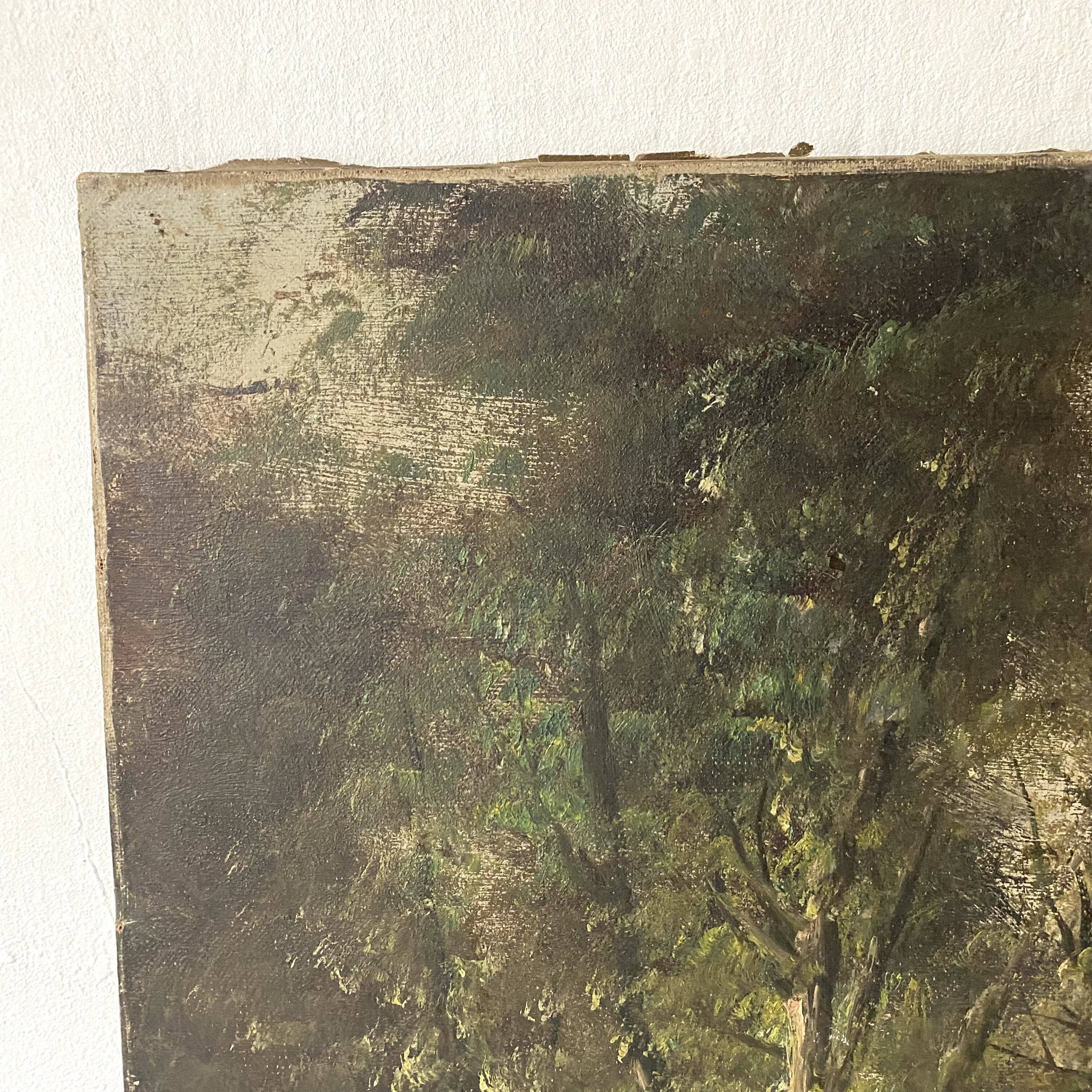 Old canvas painting at the water's edge, boat