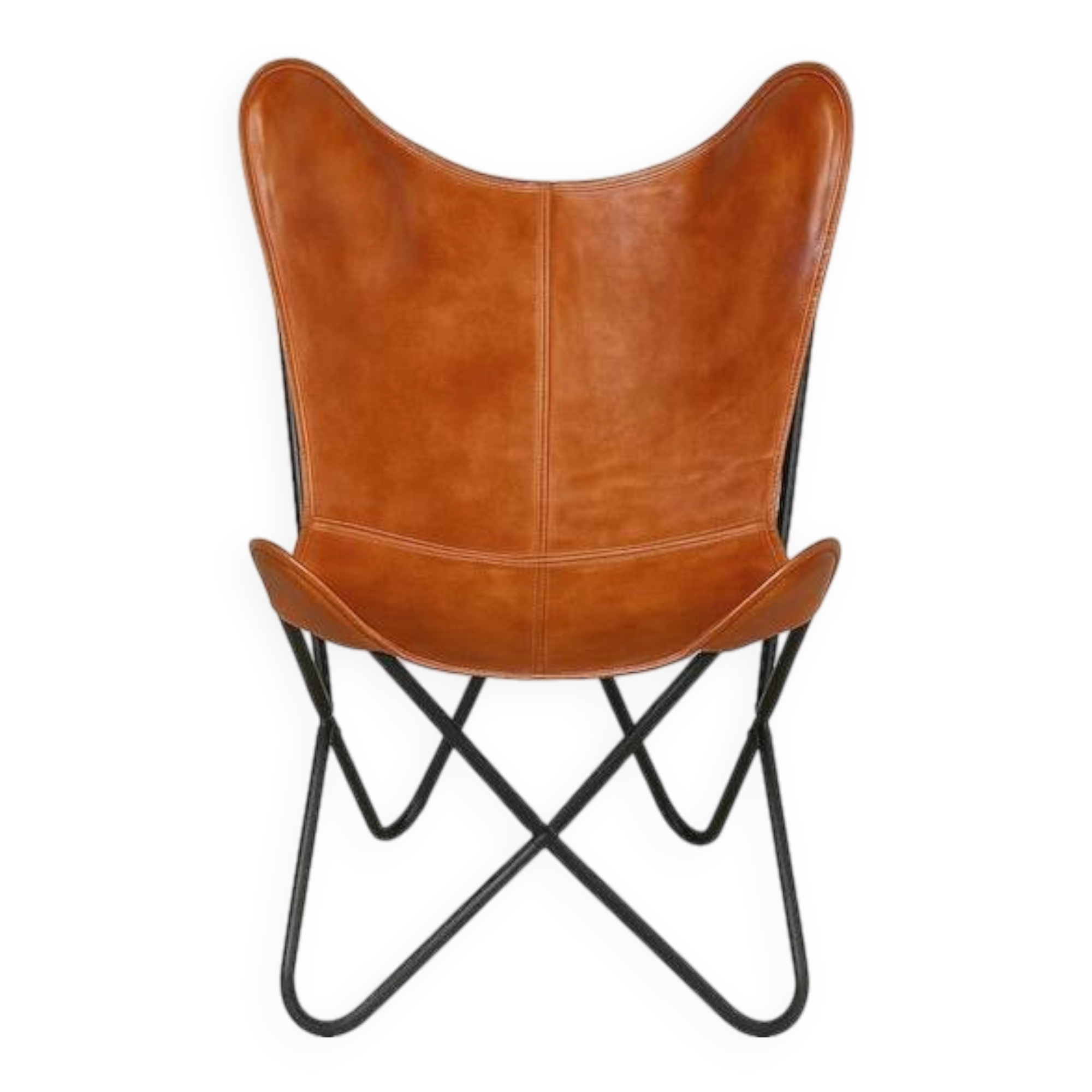 Handmade leather butterfly chair, modern lounge seating.