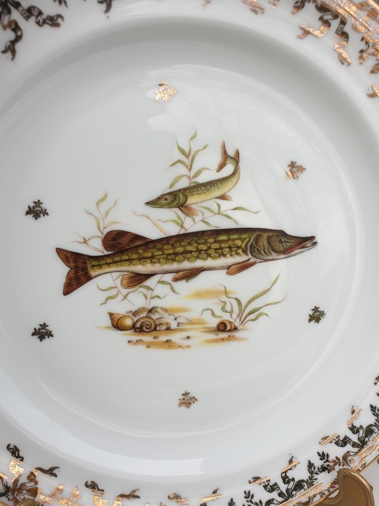Set 12 plates porcelain gold fine fish fern limousine de Chastagner