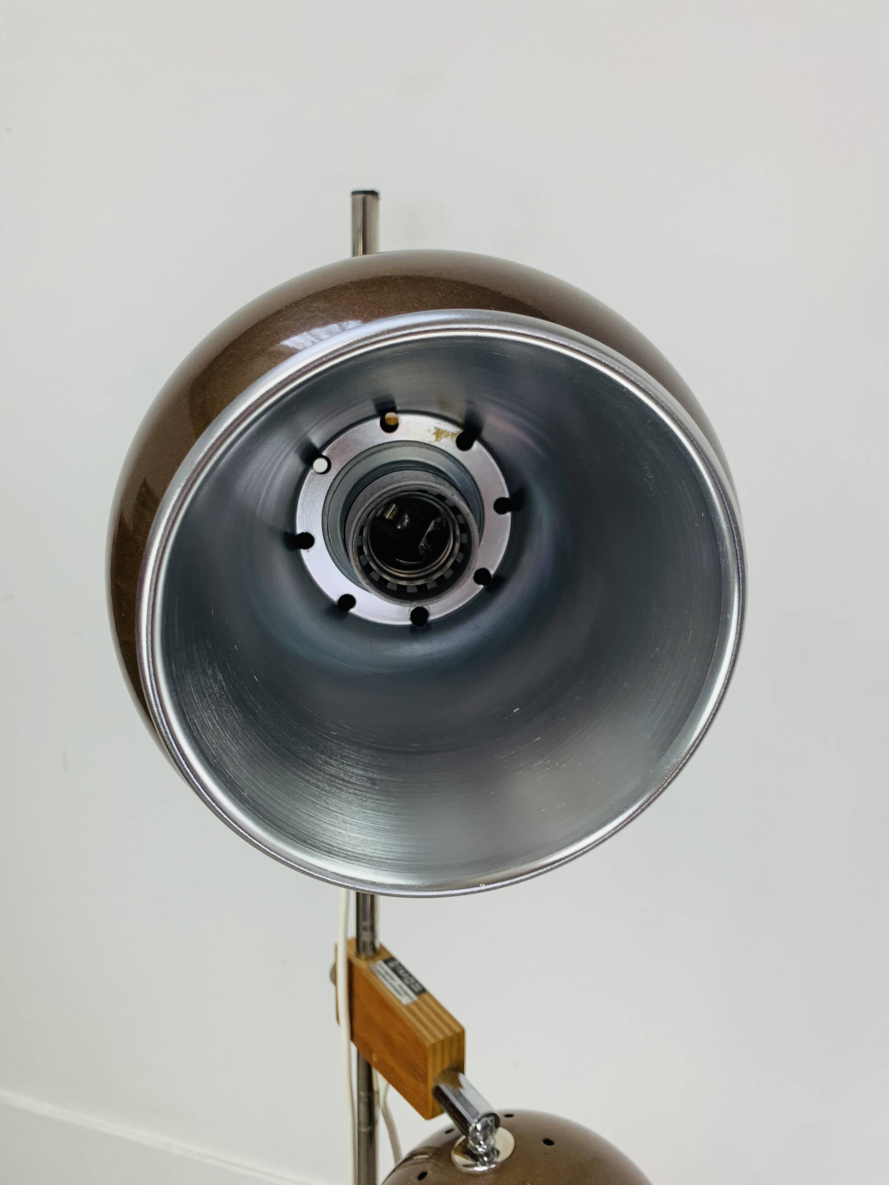 Eyeball floor lamp by Temde Leuchten, copper metal, teak and chrome, 70s.