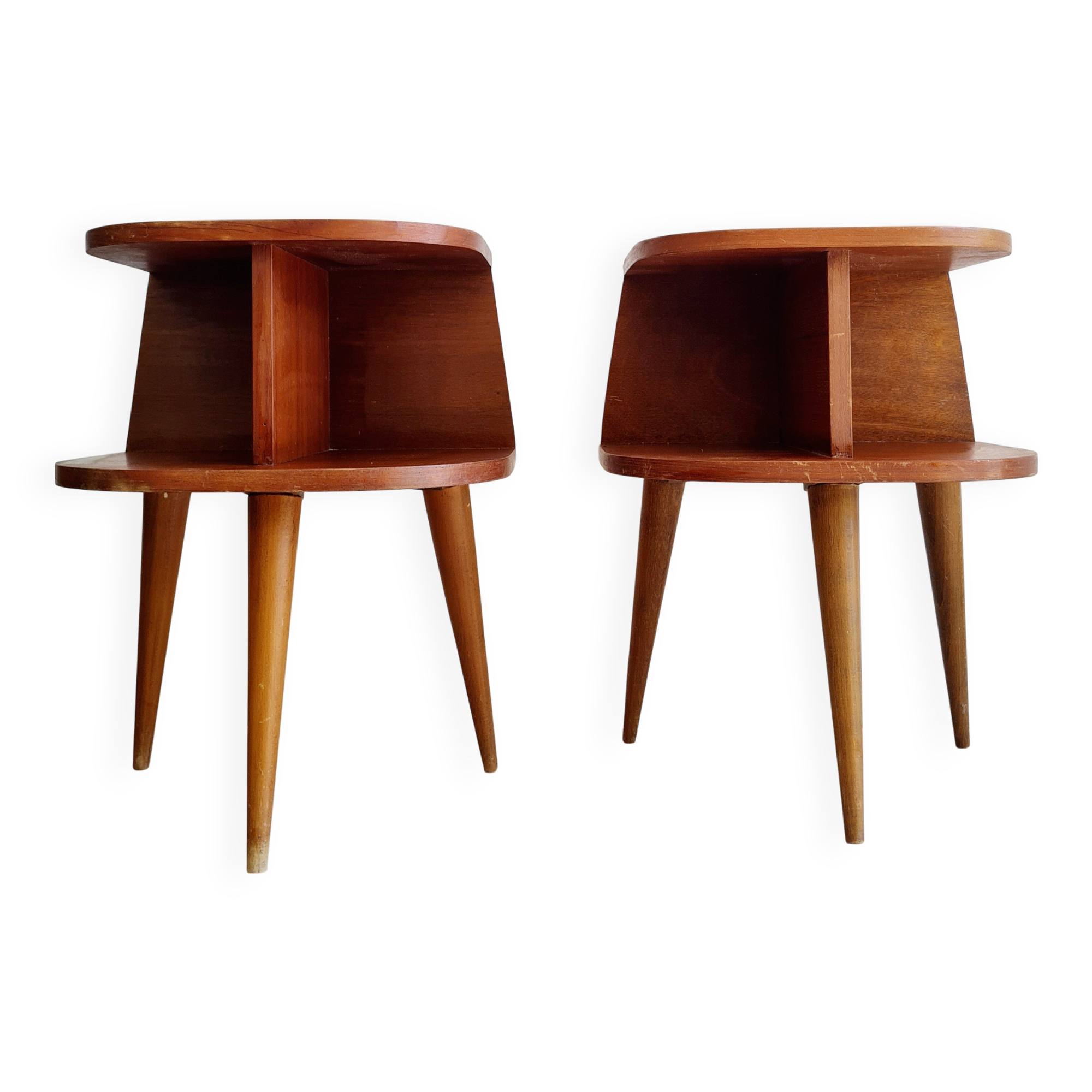 Pair of tripod bedside tables with compass feet