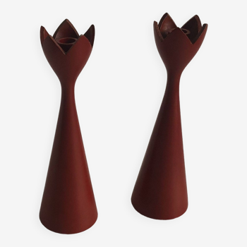 pair of Scandinavian painted wooden candle holders, minimalist atmosphere, free form