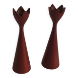 pair of Scandinavian painted wooden candle holders, minimalist atmosphere, free form
