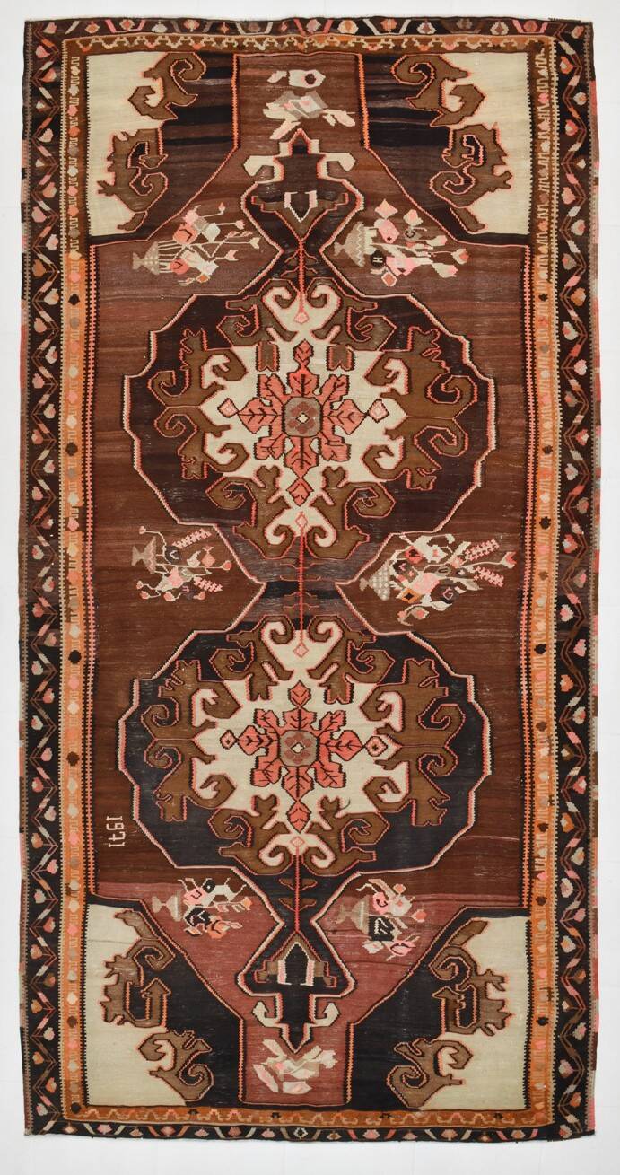 6x12 Handmade Wool Kilim Area Rug, 185x365Cm