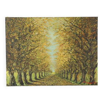 Large Vintage Painting on Canvas Perspective Trees Signed