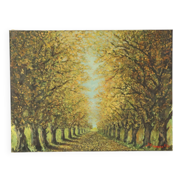 Large Vintage Painting on Canvas Perspective Trees Signed