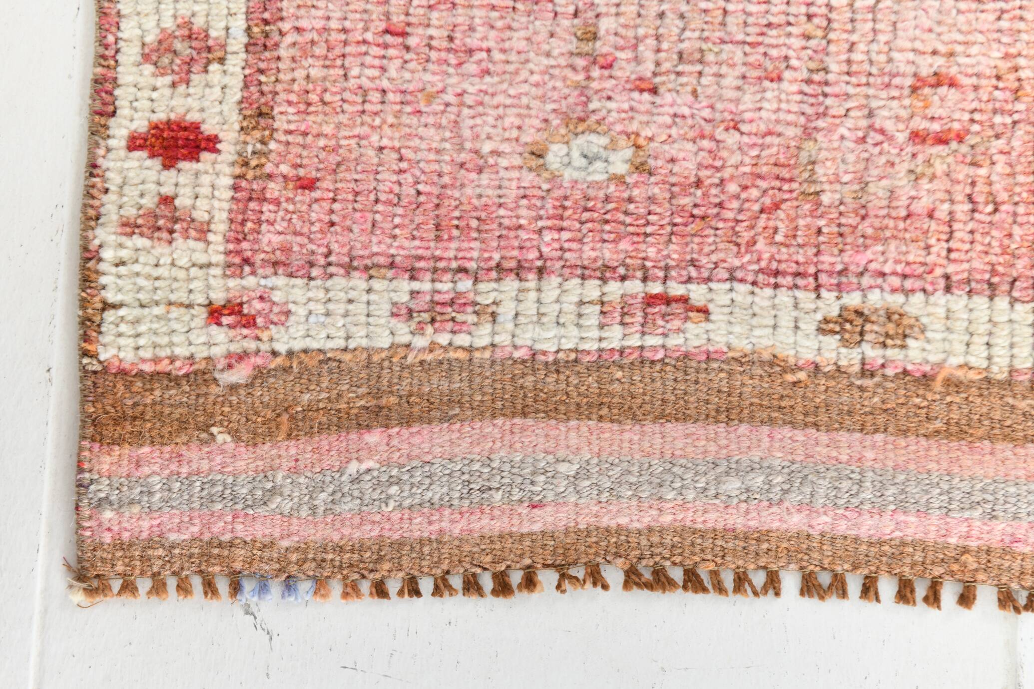 Light Pink & Brown Turkish Vintage Runner Rug, 94x328Cm