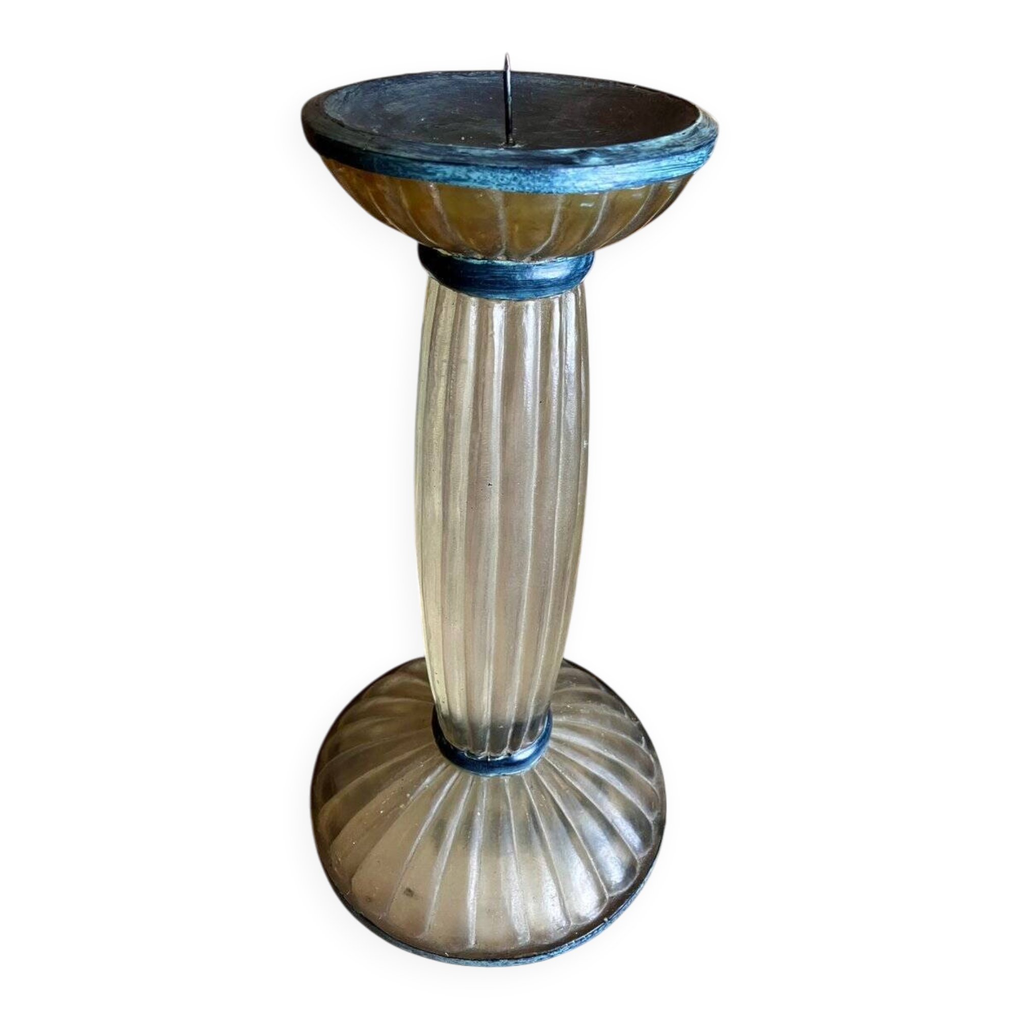 Art Deco Frosted Acrylic and Verdigris Brass Pricket Candleholder