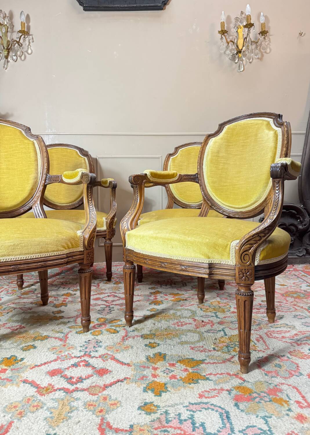Set of four natural wood armchairs in louis xvi style 19th century