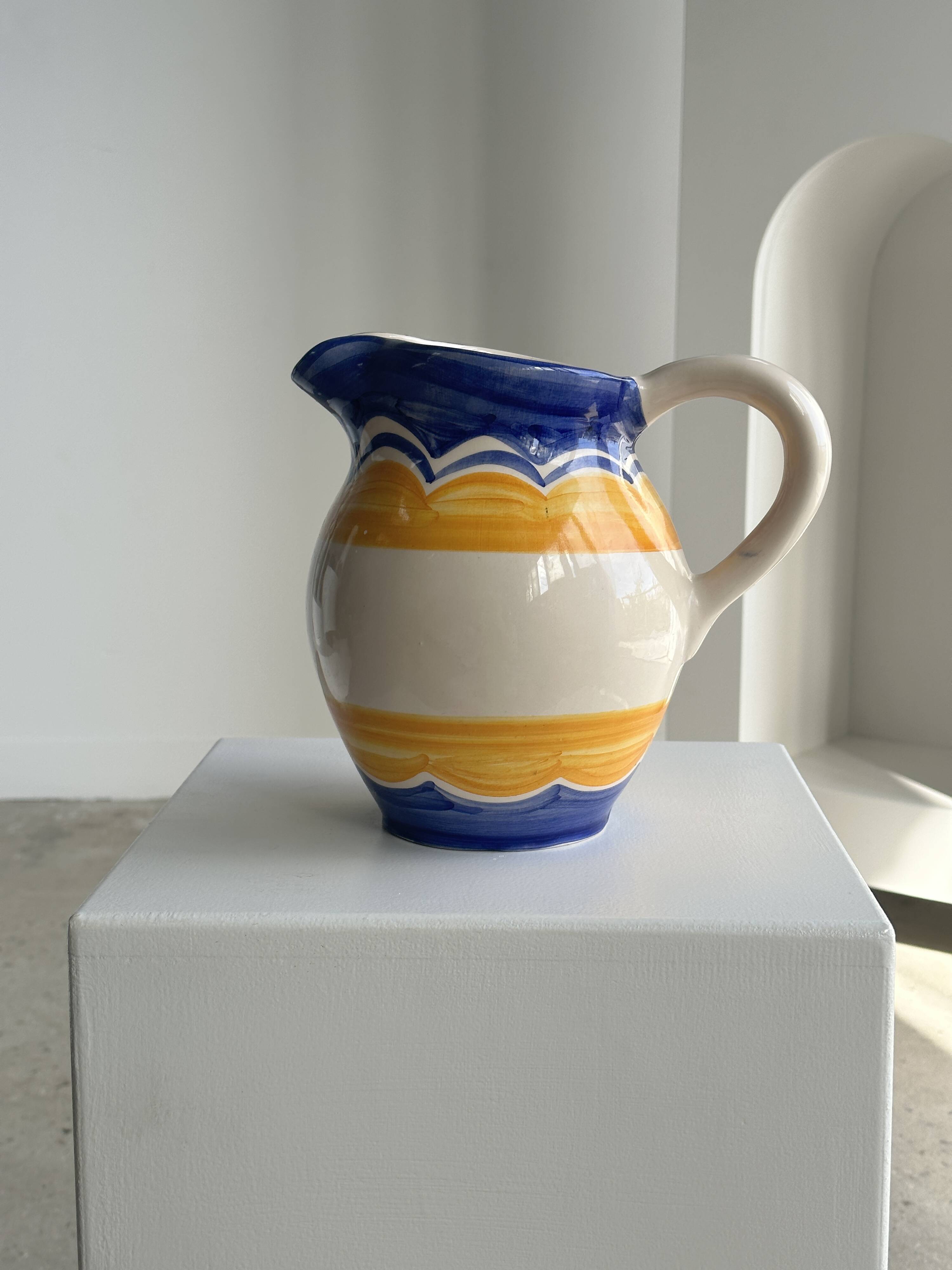 Large blue and yellow hand painted carafe H:20cm
