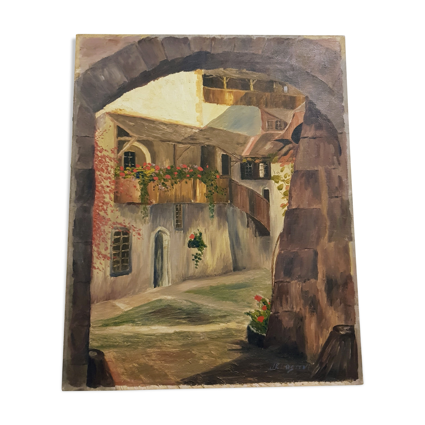 Vintage Oil Painting Swiss Village, 20th Century